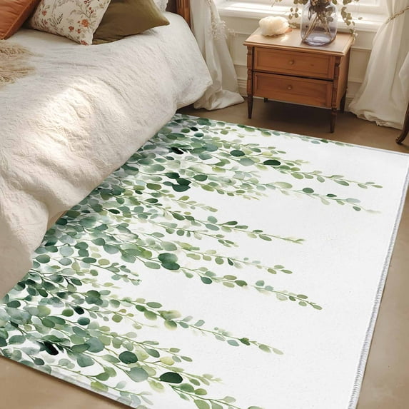Green Eucalyptus Leaves 2.7x5 Area Rugs, Spring Pastoral Rustic Botanical Non-Skid Rubber Backing Large Rectangle Rugs - Living Room Bedroom Home Office, Indoor Floor Mat Carpets Washable Rug