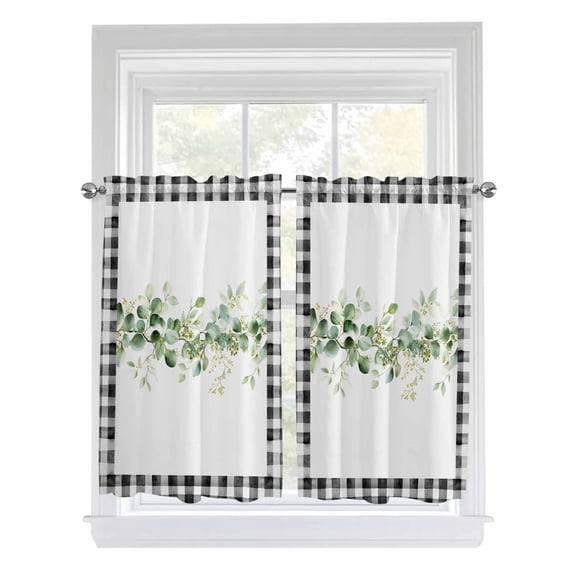 Green Eucalyptus Leaves 2 Panel Kitchen Curtains for Windows, Modern Art Farmhouse Plaid Bathroom Privacy Curtain, Home Décor Window Treatment for Bedroom/Living Room 55"x45"