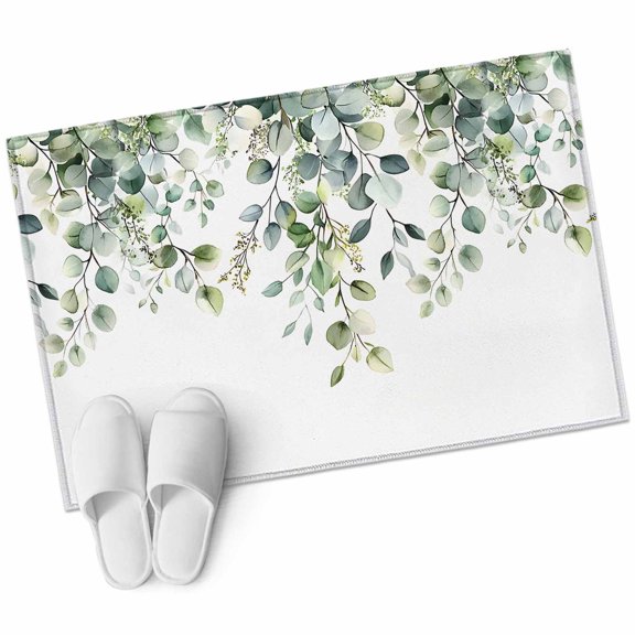 Green Eucalyptus Leaves 2'x3' Washable Rug, Summer Watercolor Botanical Non-Slip Soft Doormat Area Rugs for Entrance Bathroom Bedsides, Carpet for Kitchen Bedroom, Entryway Floor Mat