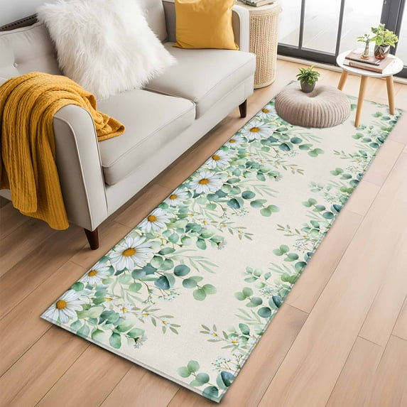 Green Eucalyptus Leaves 2'x6' Runner Rugs for Hallway Kitchen Bedside Non Slip, Spring Daily Flowers Botanical Linen Entryway Rug Runners with Rubber Backing, Long Carpet Runner for Laundry Room
