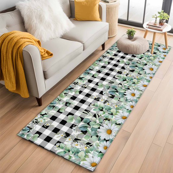 Green Eucalyptus Leaves 2'x6' Runner Rugs for Hallway Kitchen Bedside Non Slip, Summer Botanical Daisy Black Plaid Entryway Rug Runners with Rubber Backing, Long Carpet Runner for Laundry Room