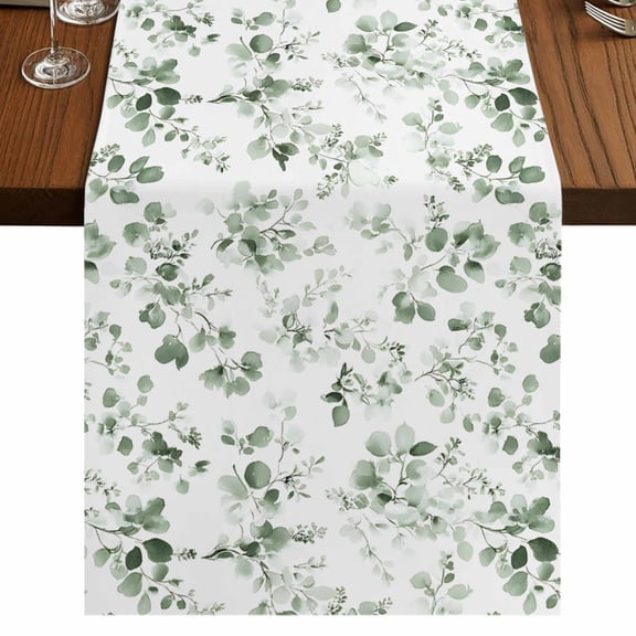 Green Eucalyptus Leaves 36 Inch Table Runner, Greenery Spring Botanical Farmhouse Dresser Scarf Cotton & Linen Tablerunner for Dining/Kitchen Island/Holiday Party Décor Small 13" x 36"