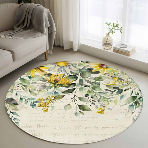 Green Eucalyptus Leaves 4ft Round Rug, Retro Rustic Botanical Floral Non-Skid Rubber Backing Large Area Rugs - Living Room Bedroom Home Office, Indoor Floor Mat Carpets Washable Rug