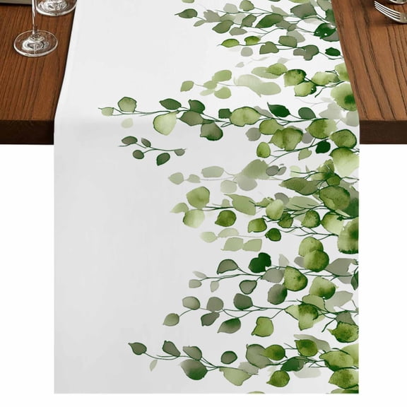 Green Eucalyptus Leaves 60 Inch Table Runner, Watercolor Summer Leaf Farmhouse Dresser Scarf Cotton & Linen Tablerunner for Dining/Kitchen Island/Holiday Party Décor 13" x 60"
