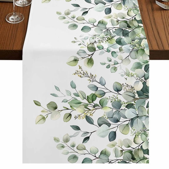 Green Eucalyptus Leaves 72 Inch Table Runner, Summer Watercolor Botanical Farmhouse Dresser Scarf Cotton & Linen Tablerunner for Dining/Kitchen Island/Holiday Party Décor 13" x 72"