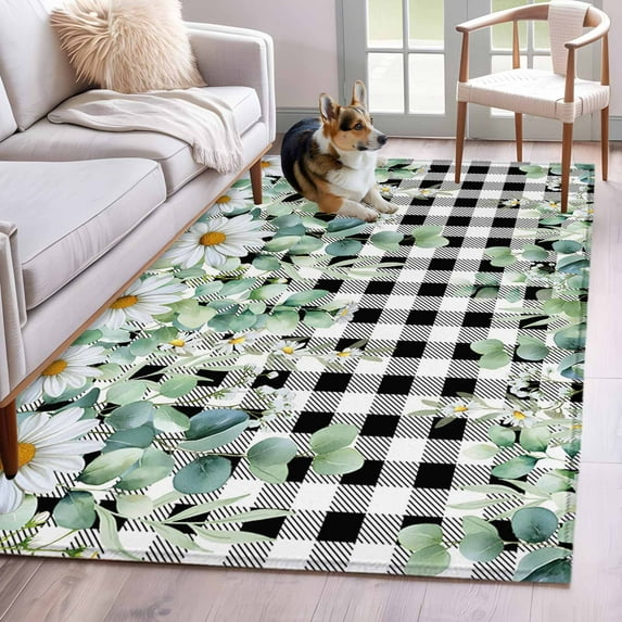 Green Eucalyptus Leaves Area Rugs 2.7'x5', Washable Small Throw Rugs for Kitchen Bedroom, Daisy Floral Indoor Outdoor Rug Non-Slip Low Pile Carpet Runner Reversible Floor Mats
