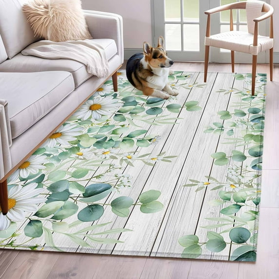 Green Eucalyptus Leaves Area Rugs 3'x5', Small Throw Rugs for Living Room Bedroom, Daisy Floral Summer Botanical Wooden Indoor Outdoor Rug Non-Slip Low Pile Carpet Runner Reversible Floor Mats