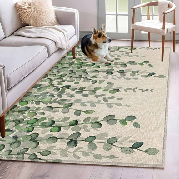 Green Eucalyptus Leaves Area Rugs 4'x6', Washable Small Throw Rugs for Office Bathroom, Summer Botanical Weeping Rustic Indoor Outdoor Rug Non-Slip Low Pile Carpet Runner Reversible Floor Mats