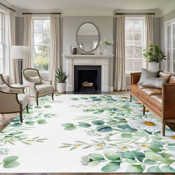 Green Eucalyptus Leaves Area Rugs 5'x7', Washable Small Throw Rugs for Laundry Room Playroom, Summer Botanical Daisy Floral Indoor Outdoor Rug Non-Slip Low Pile Carpet Runner Reversible Floor Mats