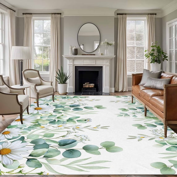Green Eucalyptus Leaves Area Rugs 5'x8', Washable Small Throw Rugs for Classroom Bedroom, Summer Botanical Watercolor Daisy Indoor Outdoor Rug Non-Slip Low Pile Carpet Runner Reversible Floor Mats