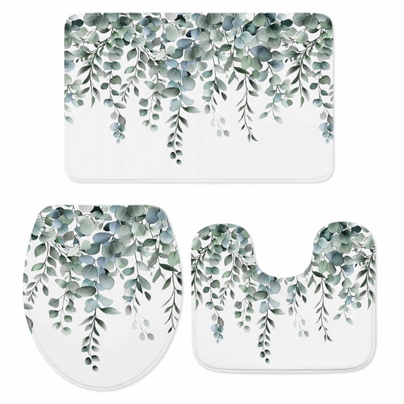 Green Eucalyptus Leaves Bath Mat 3 Piece Bathroom Rug Set, Summer Botanical Watercolor Non Slip Bath Rug Contour Mat and Toilet Lid Cover, Absorbent Shower Mats Soft Bath Rugs and Mats Sets