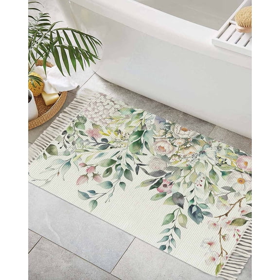 Green Eucalyptus Leaves Bathroom Rug 2x3 Front Door Mat with Tassel Cotton Woven Throw Area Rug Washable Small Entry Rugs Floral Summer Botanical Low Profile Carpet for Kitchen Laundry Room