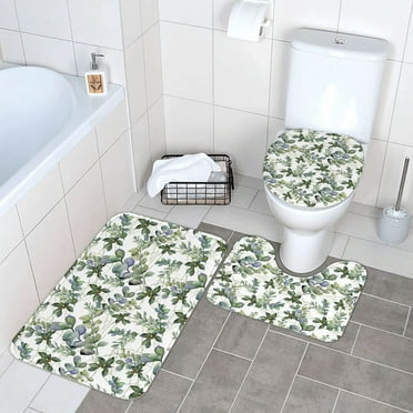 Green Eucalyptus Leaves Bathroom Rug Set 3 Pieces Ultra Soft Non Slip Bath Rugs Shaggy Bath Rug + U-Shaped Contour Rug + Toilet