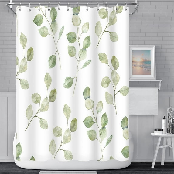 Green Eucalyptus Leaves Bathroom Shower Curtain Nature Plants Watercolor Leaf Shower Curtain with Hooks Polyester Waterproof Fabric Aesthetics Home Shower Curtain Decor Bathtub, 72x84 Inch
