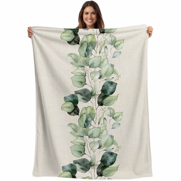Green Eucalyptus Leaves Blanket Soft Cozy Warm Throw Blanket for Couch, Plush Fuzzy Flannel Fleece Blankets for Sofa, Farmhouse Rustic Botanical Burlap Bed Blankets Lightweight Gifts for Men, 50"x60"
