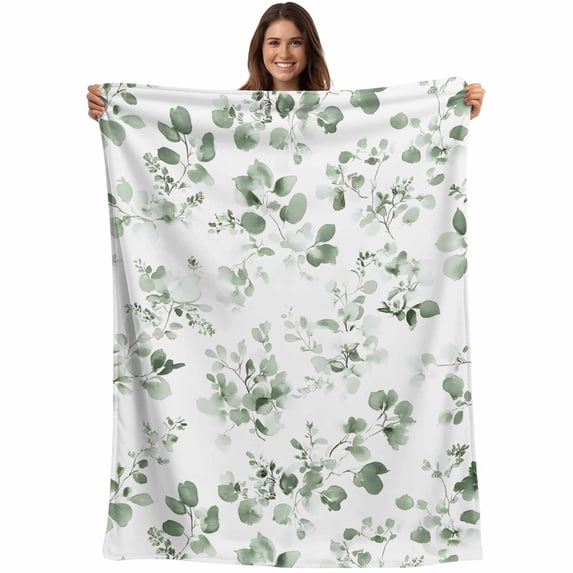Green Eucalyptus Leaves Blanket Soft Cozy Warm Throw Blanket for Couch, Plush Fuzzy Flannel Fleece Blankets for Sofa, Greenery Spring Botanical Bed Blankets Lightweight Gifts for Women, 32"x48"