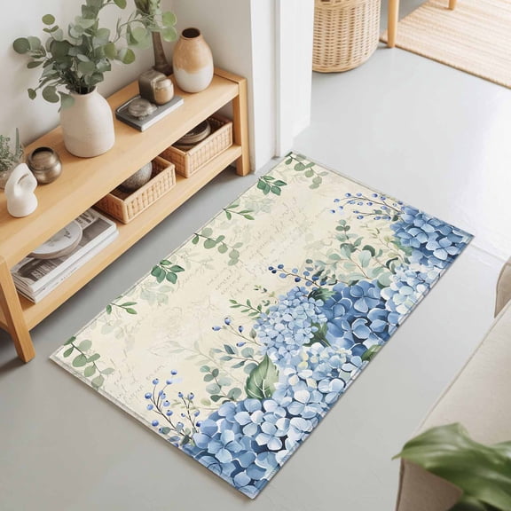 Green Eucalyptus Leaves Blue Hydrangea Flower Rectangle Rug 2'x3' Retro Letter Washable Area Rugs for Living Room Bedroom Entryway Non Slip Entrance Door Mat Indoor Floor Carpet