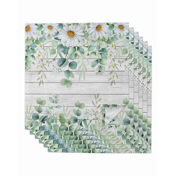 Green Eucalyptus Leaves Cloth Napkins Set of 6 Reusable Dinner Napkins, Daisy Floral Summer Botanical Wooden Cocktail Napkin Washable Table Napkins for Wedding/Holiday Party/Baby Shower 20"x20"