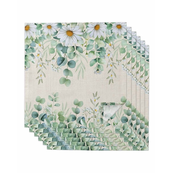 Green Eucalyptus Leaves Cloth Napkins Set of 6 Reusable Dinner Napkins, Spring Daily Flowers Botanical Linen Cocktail Napkin Washable Table Napkins for Wedding/Holiday Party/Baby Shower 20"x20"