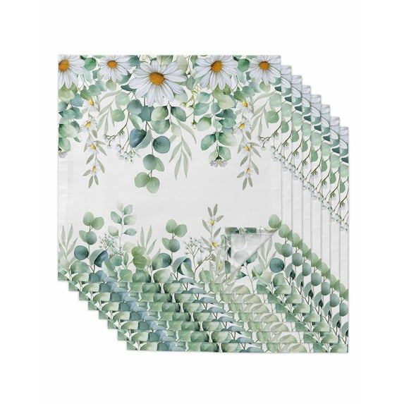 Green Eucalyptus Leaves Cloth Napkins Set of 8 Reusable Dinner Napkins, Summer Botanical Daisy Floral Cocktail Napkin Washable Table Napkins for Wedding/Holiday Party/Baby Shower 20"x20"