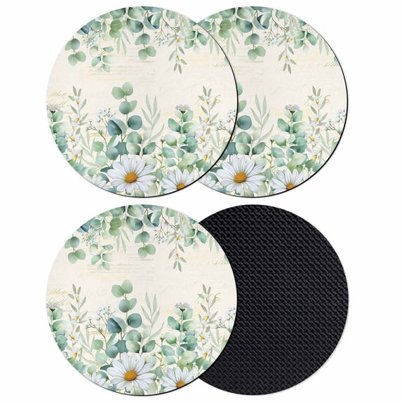 Green Eucalyptus Leaves Coasters Set of 4, Absorbent Coasters for Drinks, Daisy Summer Botanical Farmhouse Coaster for Desk Coffee Table Protection, Home Decor House Warming Gifts 4"