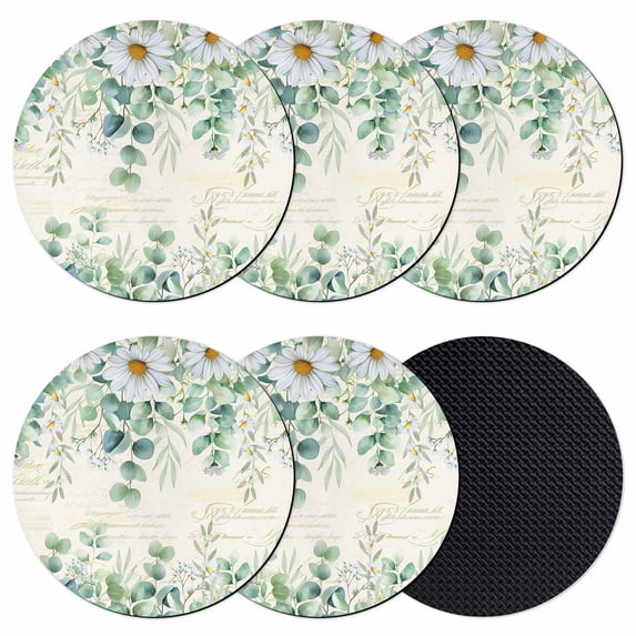 Green Eucalyptus Leaves Coasters Set of 6, Absorbent Coasters for Drinks, Spring Daily Flowers Plants Beige Coaster for Desk Coffee Table Protection, Home Decor House Warming Gifts 4"