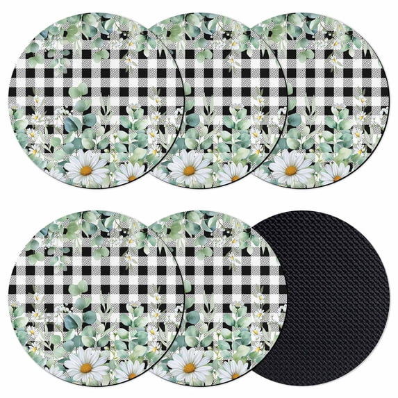 Green Eucalyptus Leaves Coasters Set of 6, Absorbent Coasters for Drinks, Summer Botanical Daisy Black Plaid Coaster for Desk Coffee Table Protection, Home Decor House Warming Gifts 4"