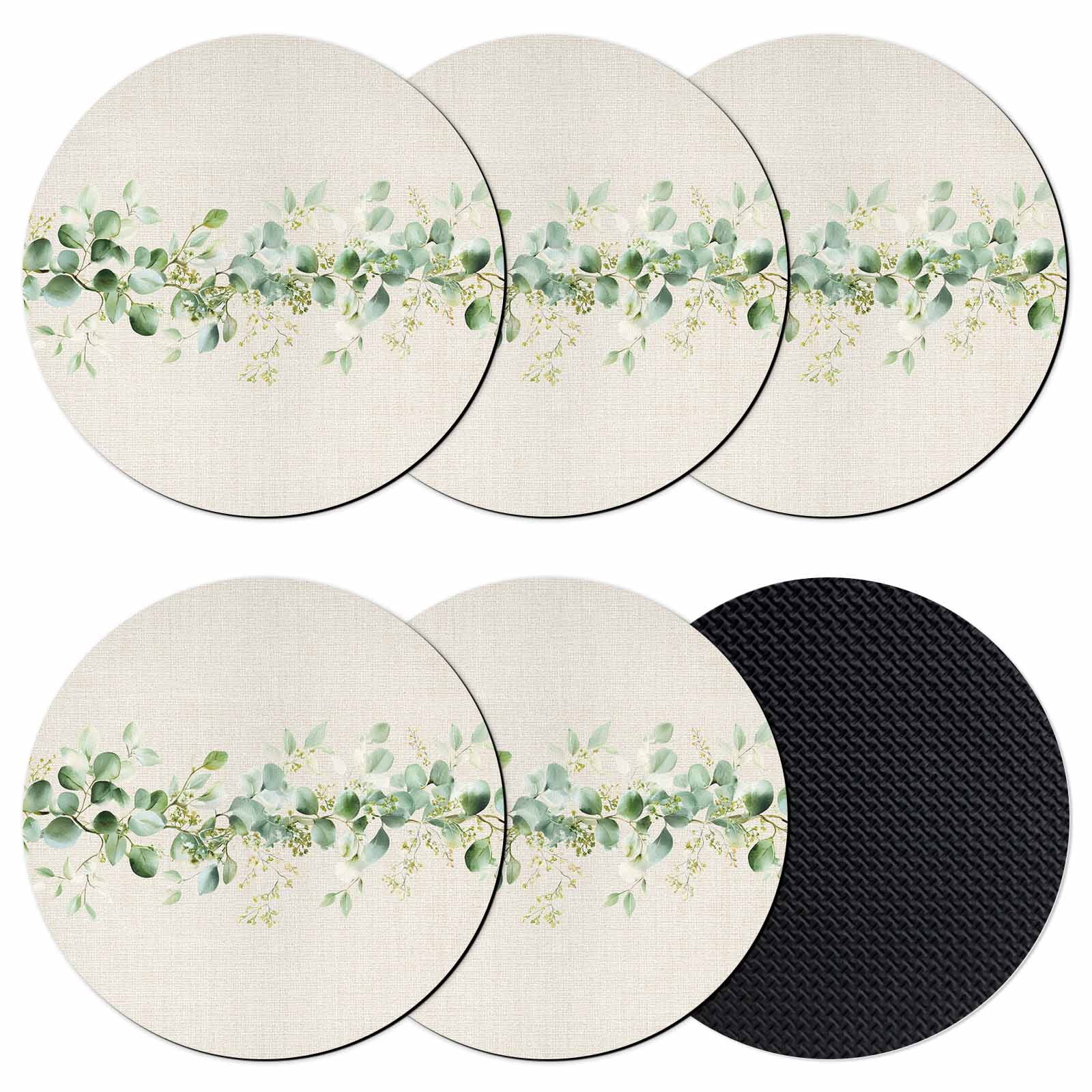 Rustic Coaster Graphics Green Eucalyptus Leaves Coasters Set of 6, Absorbent Coasters for ...