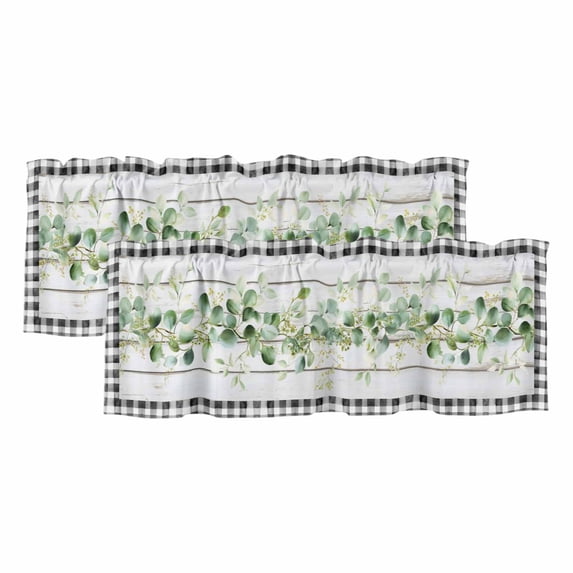 Green Eucalyptus Leaves Curtain Valances for Windows, Kitchen Valance Window Treatments Panel 2 Pack, Vintage Art Farmhouse Wooden Rod Pocket Short Curtains for Bathroom Bedroom 42 x 12 Inch