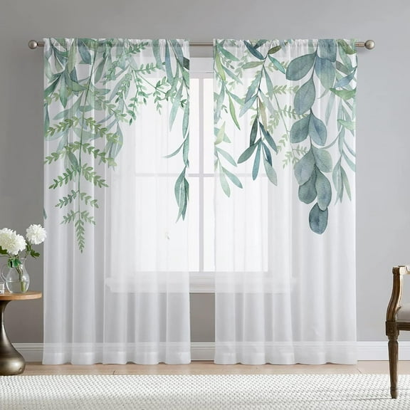 Green Eucalyptus Leaves Curtains for Living Room 84 inch Length 2 Panels Set Elegant Willow Leaf Plant Spring Printed Window Curtain Natural Sheer Chiffon Drapes for Bedroom