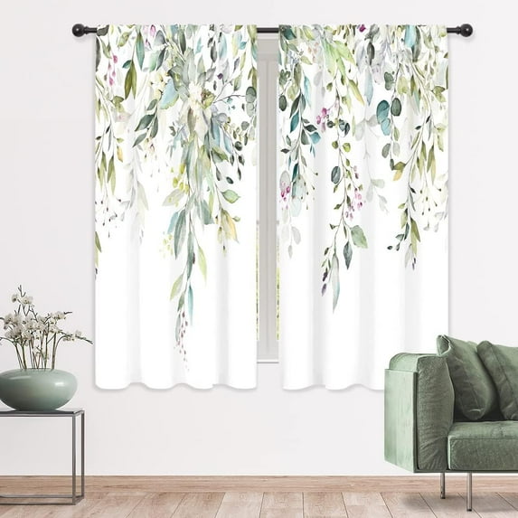 Green Eucalyptus Leaves Curtains Spring Flower Floral Botanical Watercolor Rod Pocket Wooden Wood Plant Farm Cafe Curtains Herb Bedroom Living Room Treatment Fabric 2 Panels 42Wx63H Inch