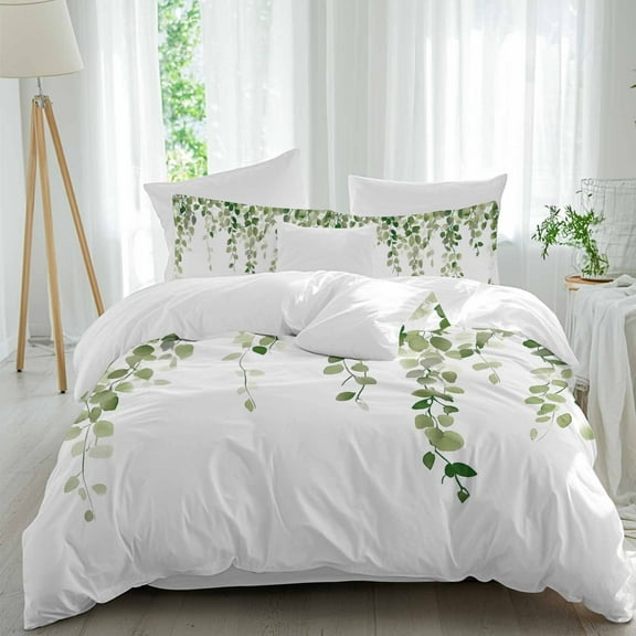 Green Eucalyptus Leaves Duvet Cover Set King Size, Watercolor Retro Leaf 4 Piece Soft Microfiber Bedding Set with 1 Duvet Cover, 1 Flat Sheet, 2 Pillowcases
