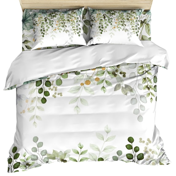 Green Eucalyptus Leaves Duvet Cover Set, Summer Botanical Weeping Soft Duvet Cover Twin Size Bedding Set 4 Pieces, 1 Quiltcover and 2 Pillowcases with Zipper, 1 Bed Sheet for All Seasons
