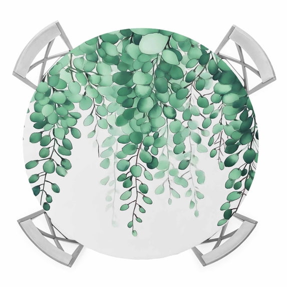 Green Eucalyptus Leaves Elastic Fitted Round Table Cover Watercolor Plant Waterproof Outdoor Tablecloth for Holiday Party, Picnic, Patio & Dining Fits Tables Up to 55"-60"
