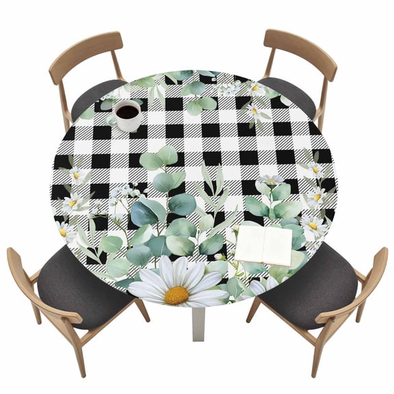 Green Eucalyptus Leaves Fitted Tablecloth with Elastic Edged, Round Table Cloth for Dining Table, Summer Botanical Daisy Black Plaid Waterproof Oil Proof Table Cover for Indoor Outdoor 36"-44"