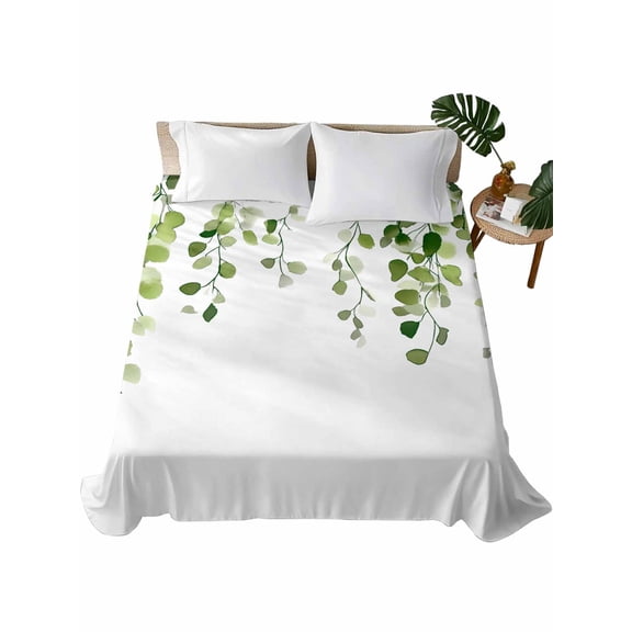 Green Eucalyptus Leaves Flat Sheets Only King Size, Soft Breathable Bed Top Sheets for Mattress, Weeping Spring Botanical Summer Luxury Bedding Flat Sheets for Home Hotel Bedroom Bed Protection