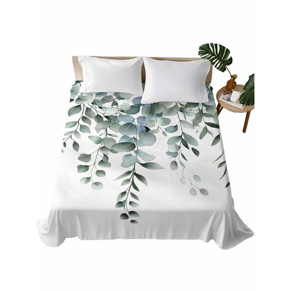 Green Eucalyptus Leaves Flat Sheets Only Queen Size, Soft Breathable Bed Top Sheets for Mattress, Summer Botanical Watercolor Luxury Bedding Flat Sheets for Home Hotel Bedroom Bed Protection