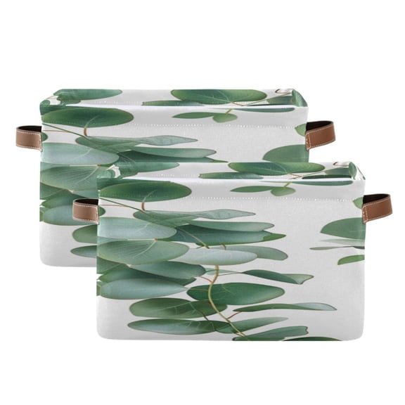 Green Eucalyptus Leaves Hand Painted Square Storage Bins with Handles Collapsible Containing Box 2 Packs