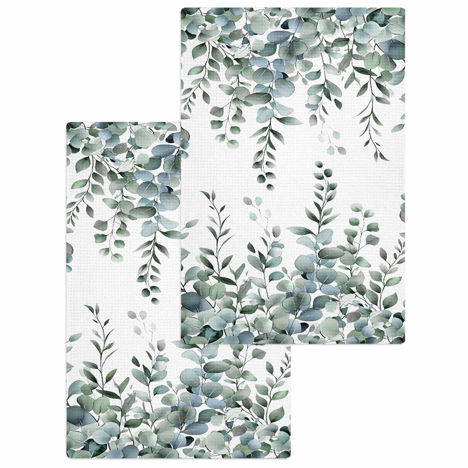 Green Eucalyptus Leaves Hand Towels Set, Waffle Weave Kitchen Towels 2 Pieces, Summer Botanical Watercolor Microfiber Hair Face Bath Tea Towel Absorbent Quick Drying Cleaning Dish Cloths 15.7"x23.6"