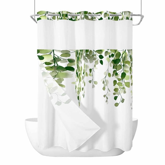 Green Eucalyptus Leaves No Hook Shower Curtain with Snap in Liner, Weeping Spring Botanical Summer Double-Layer Waterproof Fabric Shower Curtains for Bathroom Hotel Bathtub, Mesh Top 48"x72"