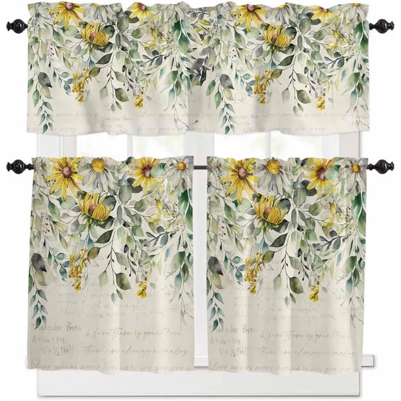 Green Eucalyptus Leaves Kitchen Curtains, Retro Floral 3-Piece Kitchen Curtain Valance and Tiers Set 24 Inch Length, Rustic Botanical Rod Pocket Half Window Curtains for Cafe Living Room Bathroom