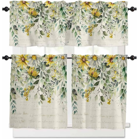 Green Eucalyptus Leaves Kitchen Curtains, Retro Floral 3-Piece Kitchen Curtain Valance and Tiers Set 24 Inch Length, Rustic Botanical Rod Pocket Half Window Curtains for Cafe Living Room Bathroom