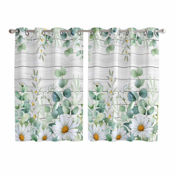 Green Eucalyptus Leaves Kitchen Curtains Window Panels, Daisy Summer Botanical Wooden Insulated Window Treatment Curtain, Grommet Curtains for Bedroom/Living Room/Bathroom, 2 Piece 52"Wx72"L