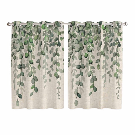 Green Eucalyptus Leaves Kitchen Curtains Window Panels, Summer Botanical Weeping Rustic Insulated Window Treatment Curtain, Grommet Curtains for Bedroom/Living Room/Bathroom, 2 Piece 52"Wx72"L