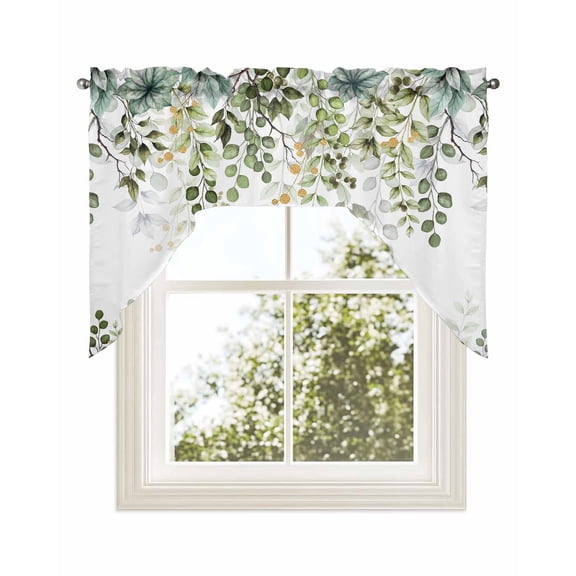Green Eucalyptus Leaves Kitchen Swag Valance for Window, Rod Pocket Short Kitchen Curtains 36 Inch Length, Summer Botanical Weeping Swag Topper Small Window Treatment for Cafe Bathroom Bedroom
