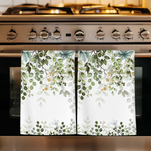 Green Eucalyptus Leaves Kitchen Towels Set of 1, Summer Botanical Weeping Absorbent Dish Towels for Kitchen, Microfiber Hand Towel, Quick Drying Tea Towel for Cleaning Decorative Dishcloths