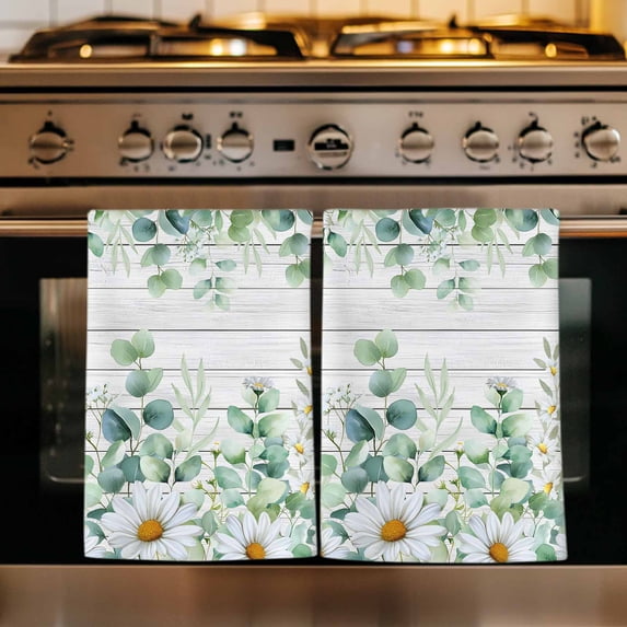 Green Eucalyptus Leaves Kitchen Towels Set of 2, Daisy Summer Botanical Wooden Absorbent Dish Towels for Kitchen, Microfiber Hand Towel, Quick Drying Tea Towel for Cleaning Decorative Dishcloths