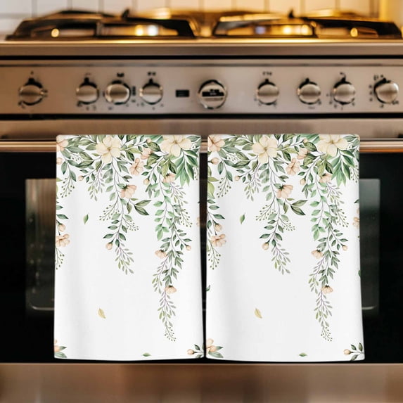 Green Eucalyptus Leaves Kitchen Towels Set of 3, Spring Floral Weeping Farmhouse Absorbent Dish Towels for Kitchen, Microfiber Hand Towel, Quick Drying Tea Towel for Cleaning Decorative Dishcloths