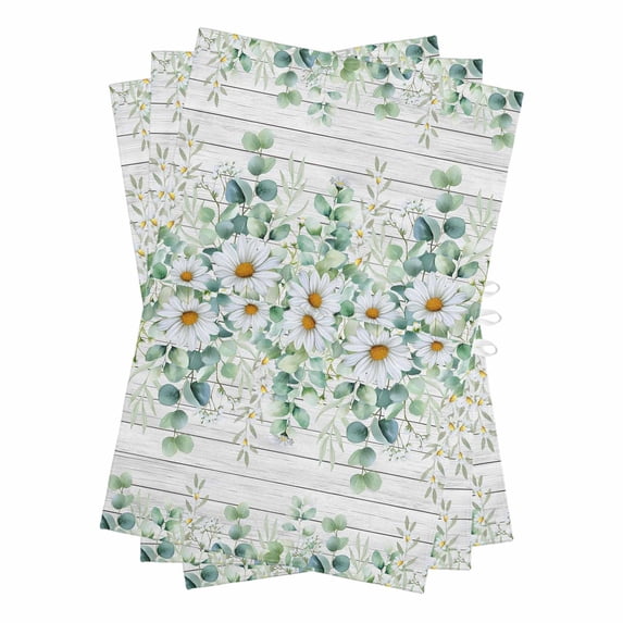 Green Eucalyptus Leaves Kitchen Towels Set of 3, Water Absorbent Dish Towel, Daisy Floral Summer Botanical Wooden Decorative Hand Towels - Quick Drying Cloth for Cooking Baking, 18x28 Inch