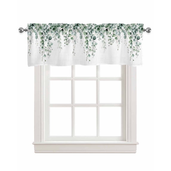 Green Eucalyptus Leaves Kitchen Valances for Windows Farmhouse Linen Window Valance Curtain for Living Room Window Treatment Pastoral Farmhouse Botanical Valance Rod Pocket Topper Drape, 42 x 18 Inch